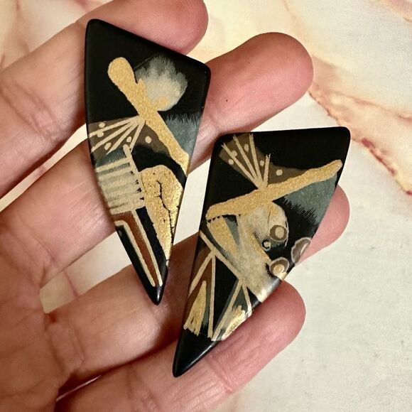 Black and gold hand painted earrings - Picture 4 of 9